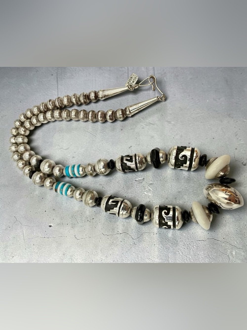 Thomas Singer Navajo Sterling Silver Turquoise Onyx MOP Bead Necklace 24” 74gram - Picture 16 of 17